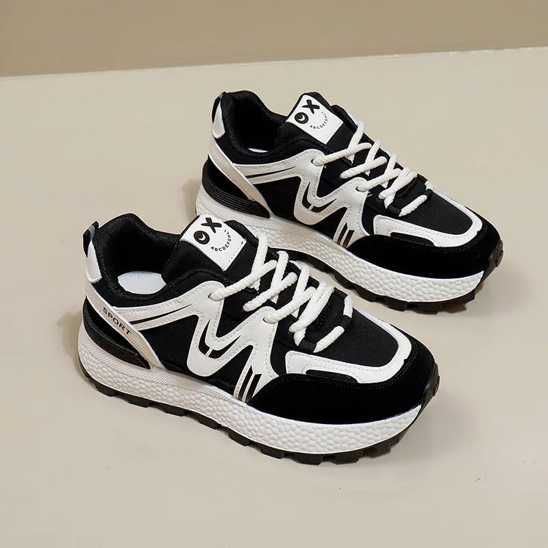 Women's platform sports casual shoes with flat heel, front lace-up design, round toe, breathable cotton lining, lightweight PU upper, solid colour options in black, grey, or khaki, available in UK sizes 35 to 40