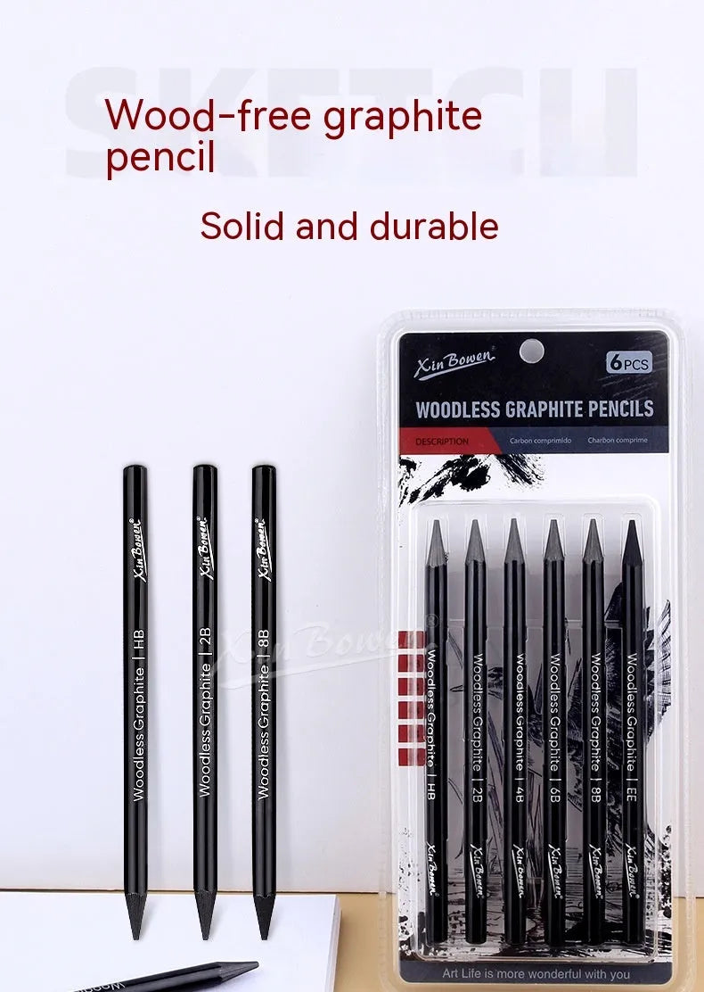 Wood-free graphite sketching pencils in six hardness grades: HB, 2B, 4B, 6B, 8B, EE with solid graphite cores