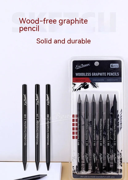 Wood-free graphite sketching pencils in six hardness grades: HB, 2B, 4B, 6B, 8B, EE with solid graphite cores