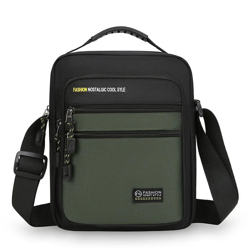 Men's green waterproof nylon crossbody bag with urban style and sewing thread detail
