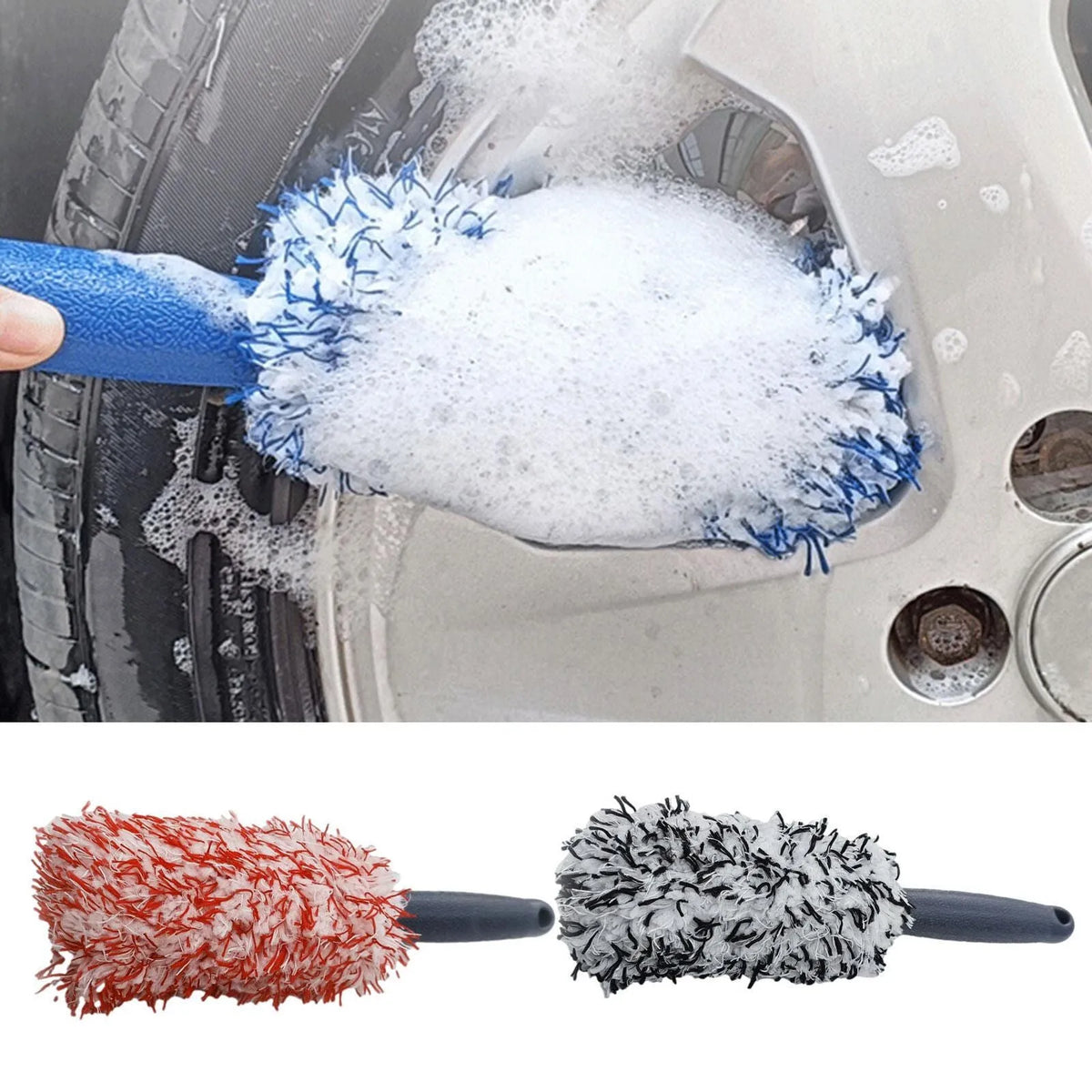 Long handled ultra-fine fibre wheel brush car wash brush for alloy wheel cleaning, available in blue, black, or red