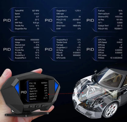 Black HD LCD vehicle HUD display unit with OBD cable on a car dashboard