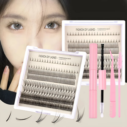 DIY false eyelash set with glue, tools and natural segmented clusters for home application