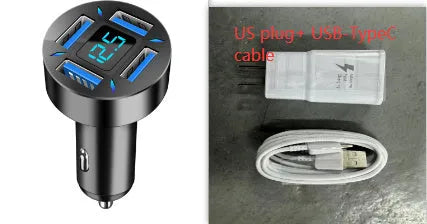 Four-port USB car charger with LED digital display showing voltage, compact black design for vehicle power socket