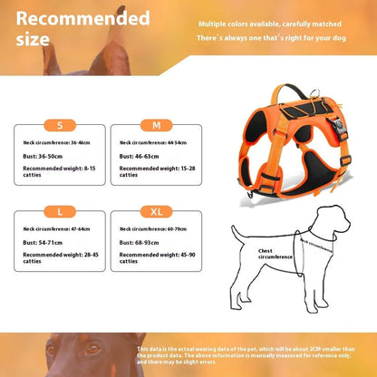 Orange reflective dog harness with attached black hand-holding rope leash shown on a medium-sized dog.