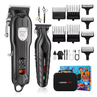 Black plastic USB rechargeable hair clipper set with LED display and adjustable blades.