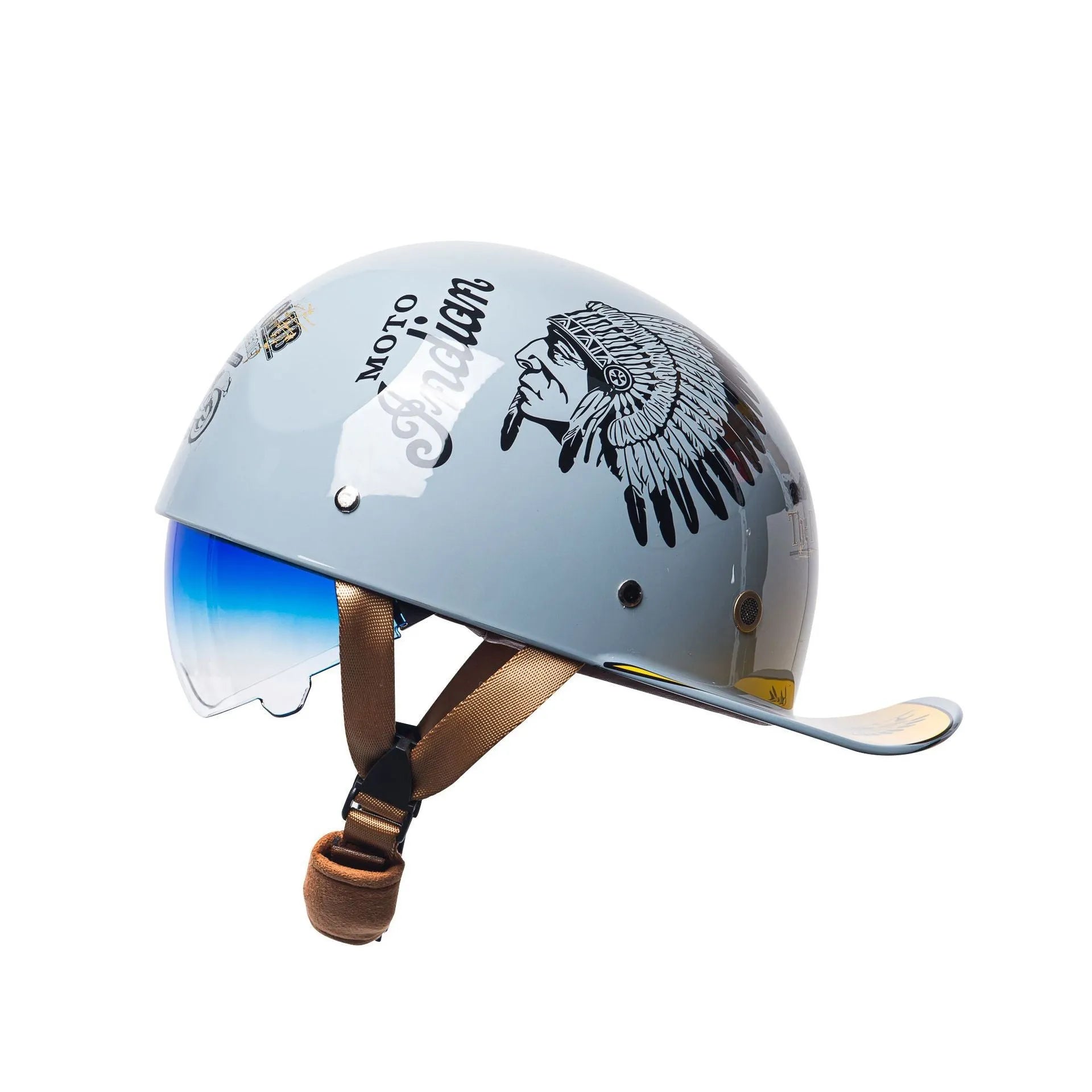 Electric bicycle helmet in bright black gradient blue colour with blue lens, retro half helmet design