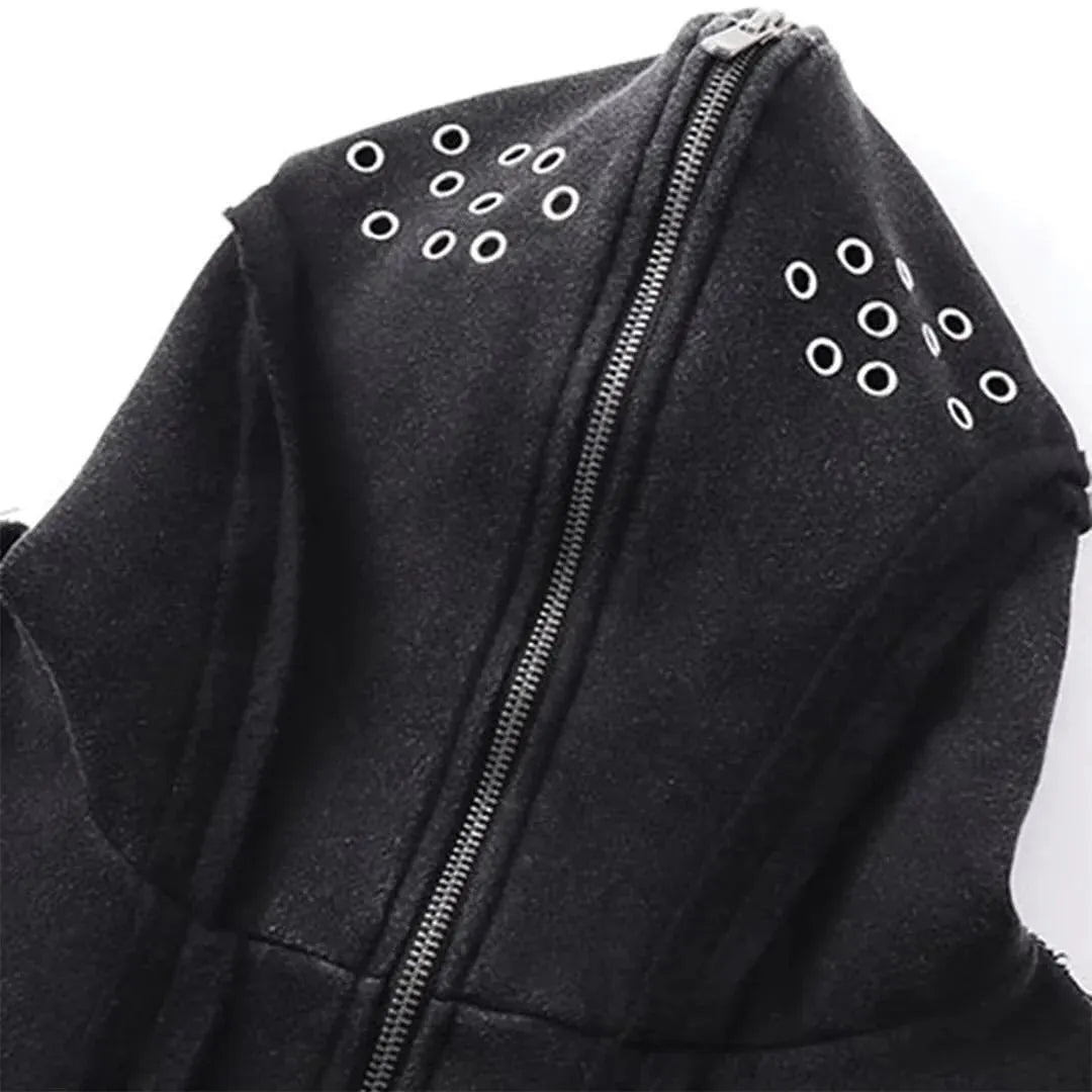 Black loose zip hooded cardigan with abstract pattern and padding for autumn wear