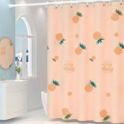 Waterproof polyester shower curtain with printed design, available in multiple sizes for bathroom protection