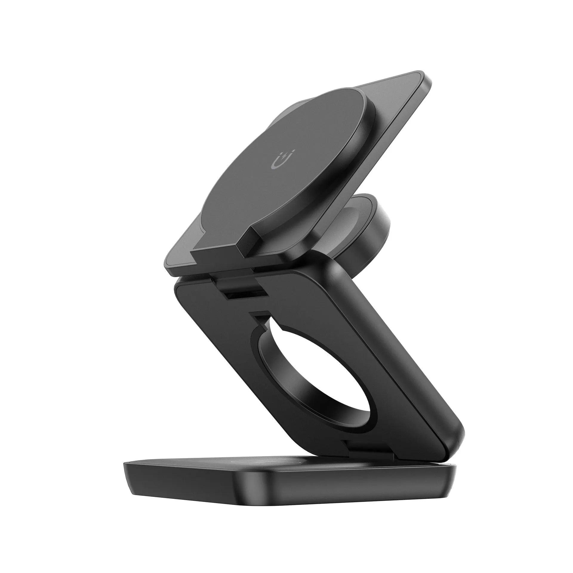 White foldable magnetic wireless charging phone holder shown open and closed