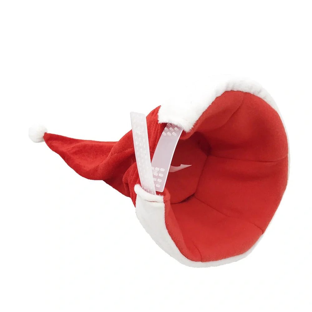 Red electric Christmas plush hat with swinging motion and battery music features