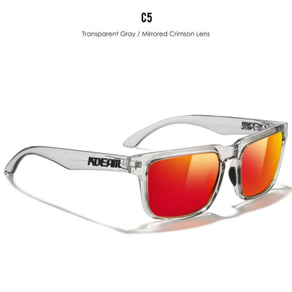Square polarised sunglasses with TAC lenses and a PC frame, shown in one of 12 available colour options.