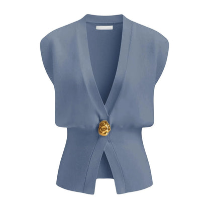 Women's loose fit V-neck button cardigan sweater in knitted polyester fabric.