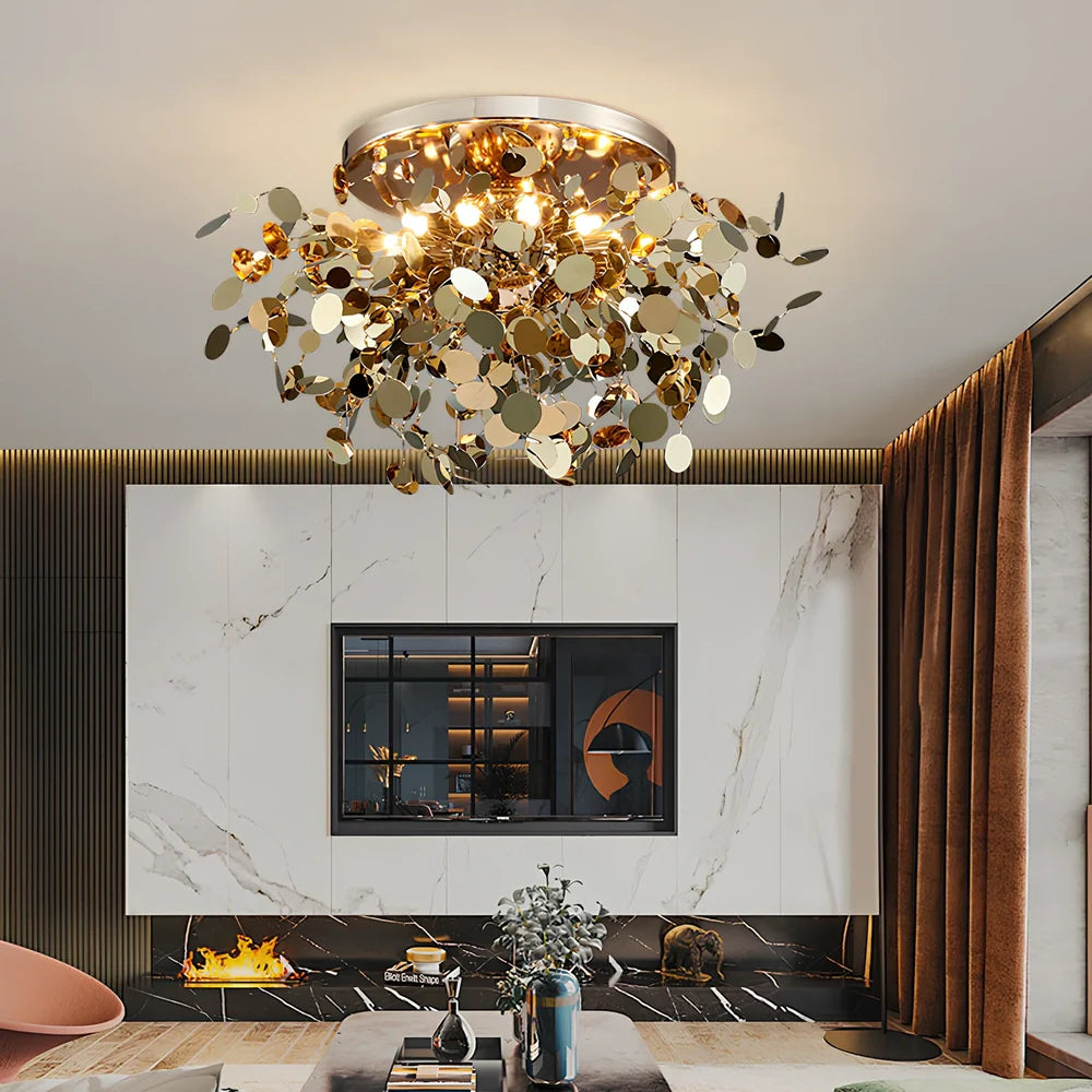 Stainless steel chandelier with eight G9 bulbs measuring 45cm height with tree blade design