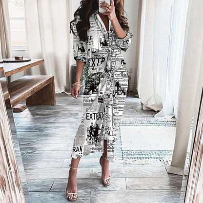 Elegant Floral Print Lace-Up Maxi Dress with Deep V-Neck, Long Sleeves, and Flattering Silhouette
