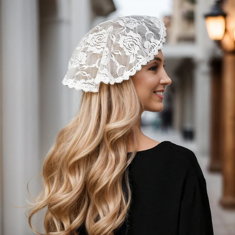Round lace head covering bridal hair accessory with floral embroidery, handmade polyester veil with 30cm diameter for weddings, photoshoots and costume events, available in black and white colours