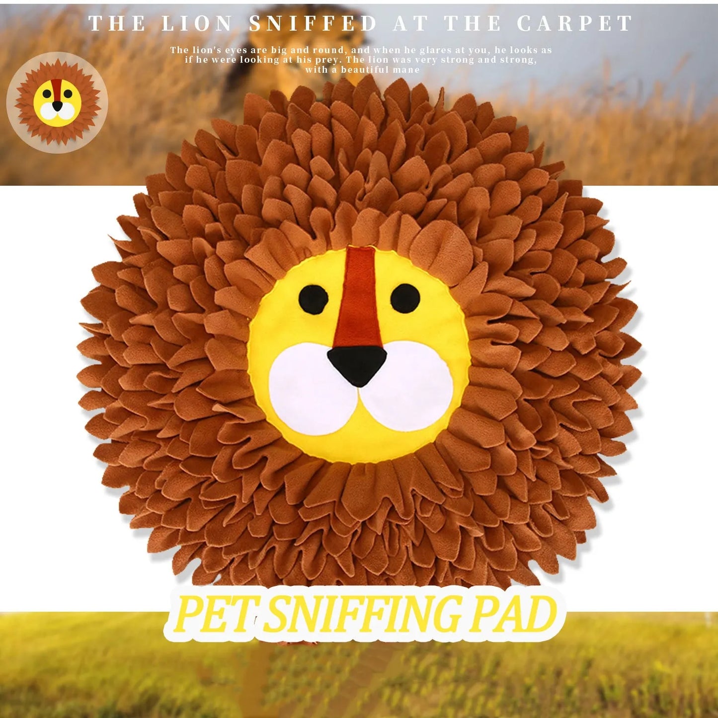 Brown lion-shaped sniffing pad measuring 33x25cm with 10cm depth for hiding pet treats