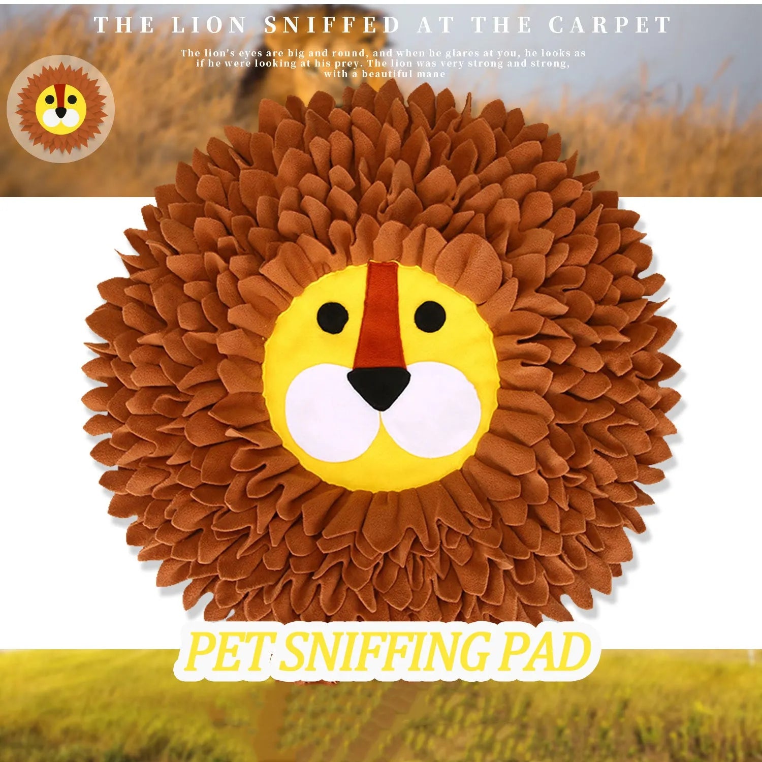 Brown lion-shaped sniffing pad measuring 33x25cm with 10cm depth for hiding pet treats