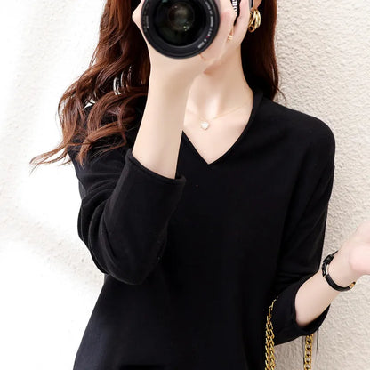 Women's V-neck long sleeve knitwear top in multiple colours with non-ironing fabric