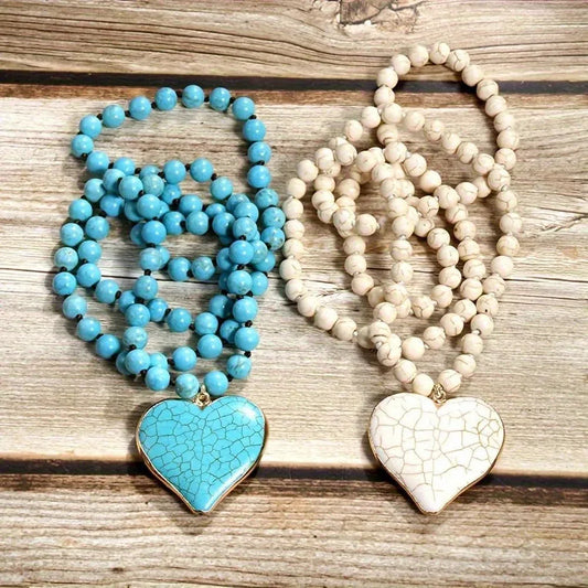 Handmade vintage ethnic style necklace with heart-shaped Mother Pearl pendant and turquoise beads