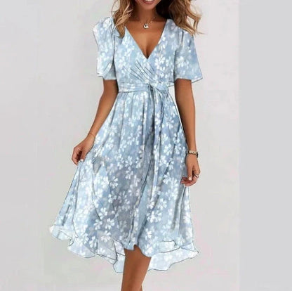Elegant summer chiffon V-neck dress with floral print, available in multiple colors and sizes.