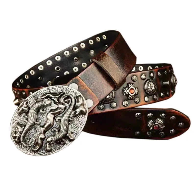 Men's black genuine leather belt with punk rivet details and a silver alloy buckle.