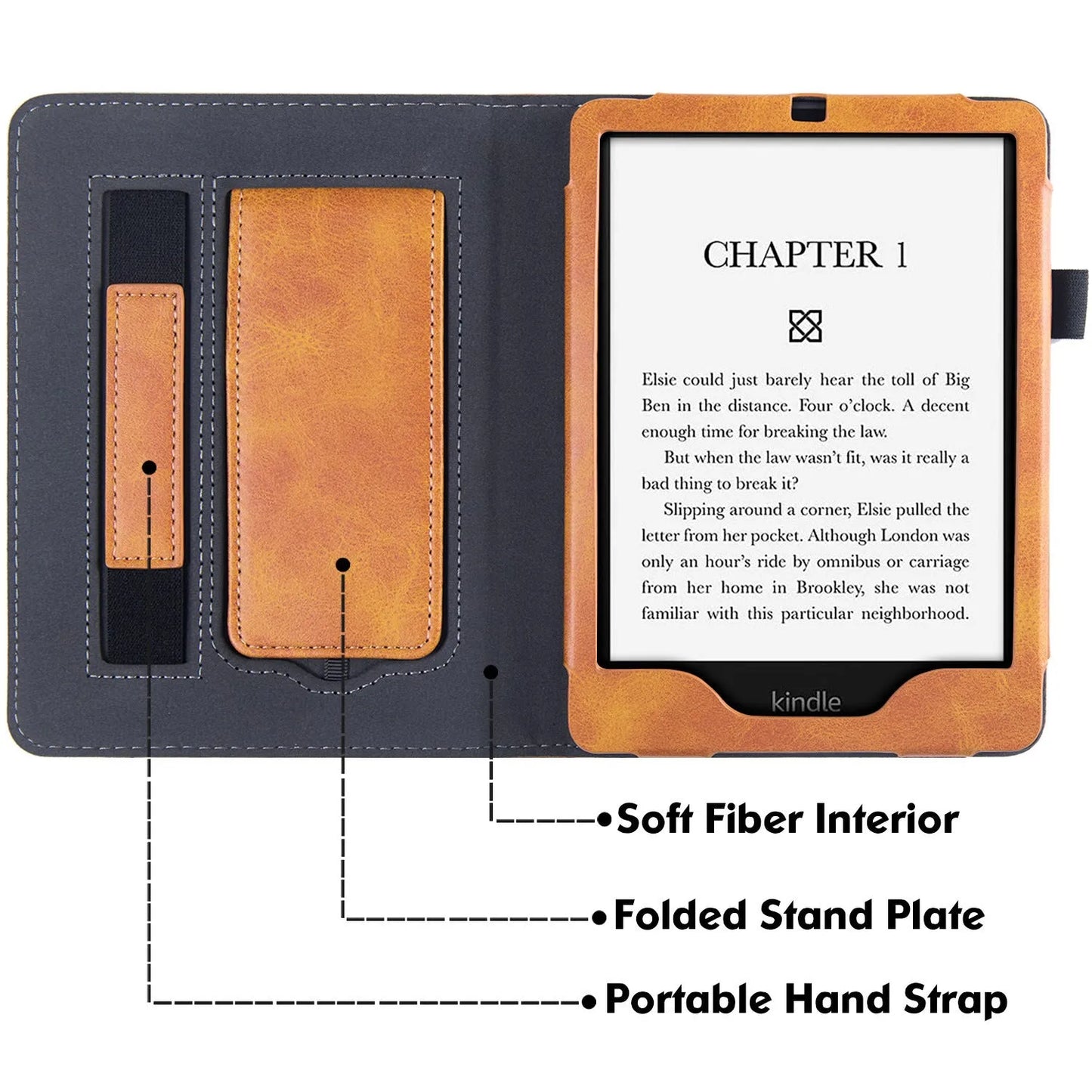 Leather case with wrist splint bracket for Kindle Paperwhite 5 e-reader in various colours and designs