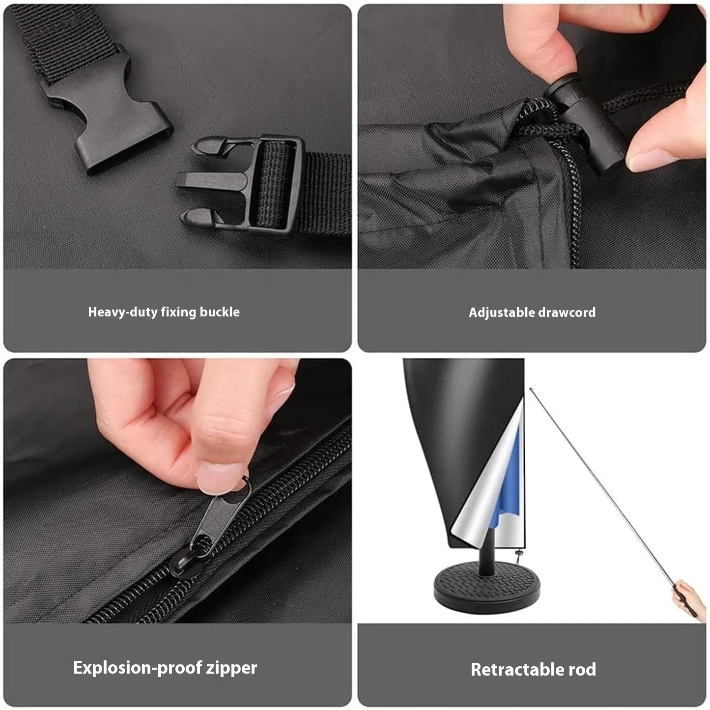 Black waterproof banana-shaped offset umbrella cover for garden furniture.