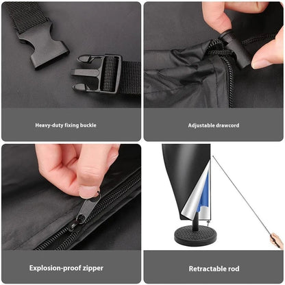Black waterproof banana-shaped offset umbrella cover for garden furniture.
