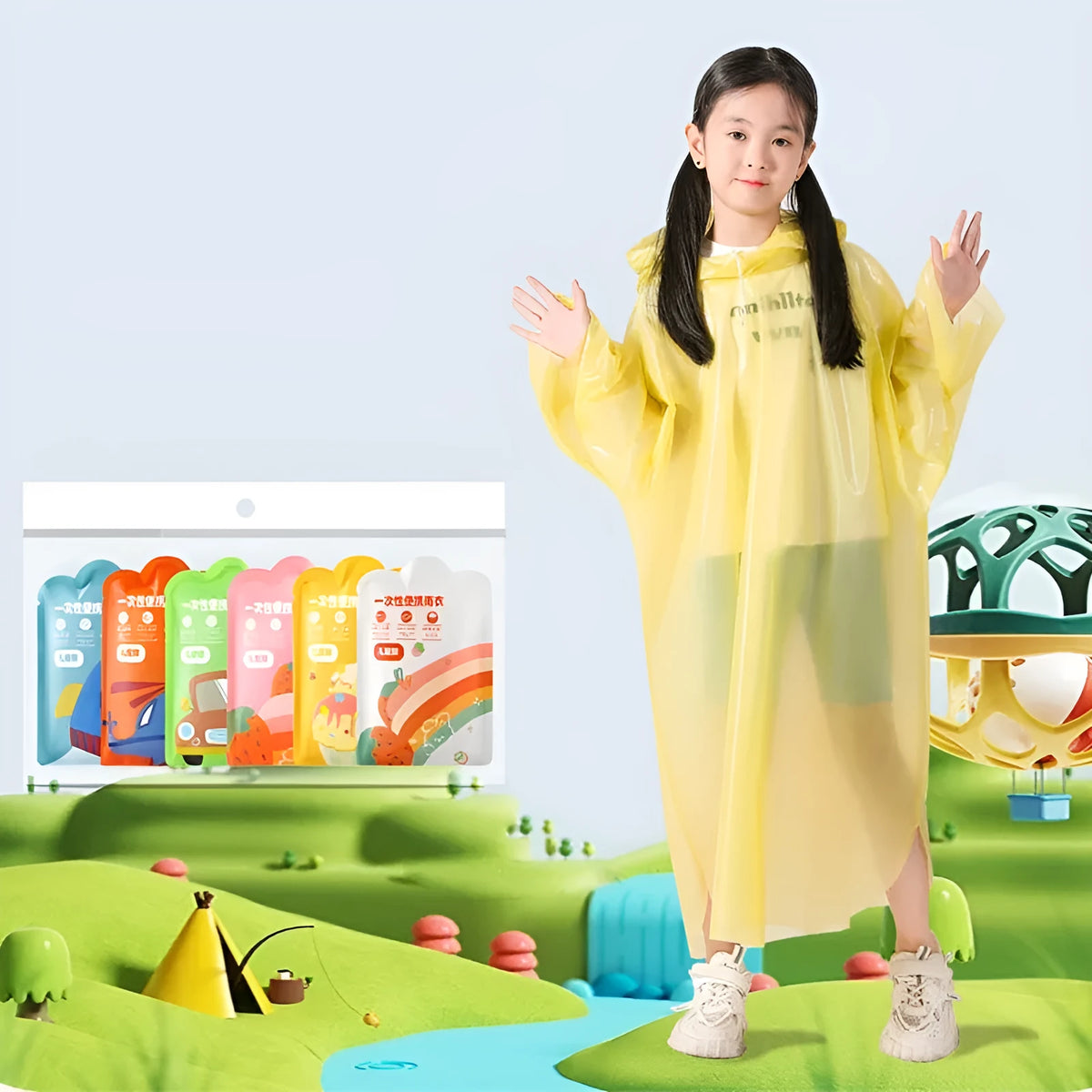 Disposable children's long rain poncho folded in its 13cm by 9cm bag, shown in blue colour.
