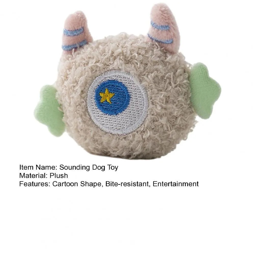 Cartoon-shaped plush dog chew toy with squeaker in grey, green, pink, white or yellow colours