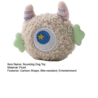 Cartoon-shaped plush dog chew toy with squeaker in grey, green, pink, white or yellow colours