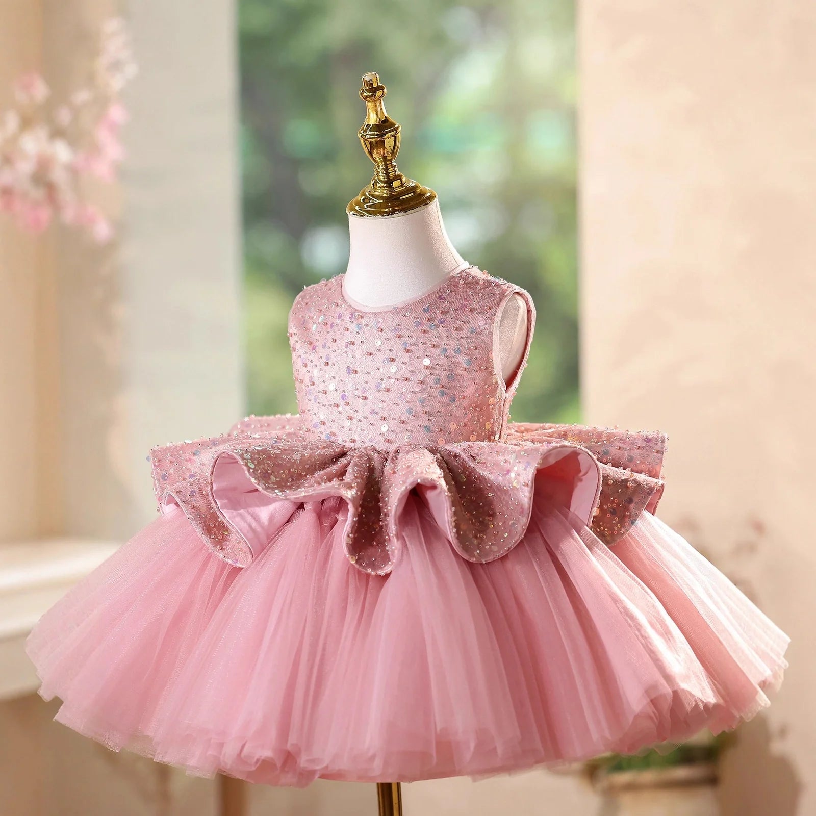 Pink flower girl dress for children with height sizing from 80cm to 150cm