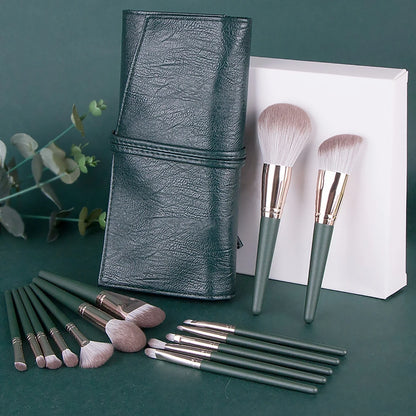 Green Cloud 14 Makeup Brushes Set with wooden handles and artificial fiber bristles