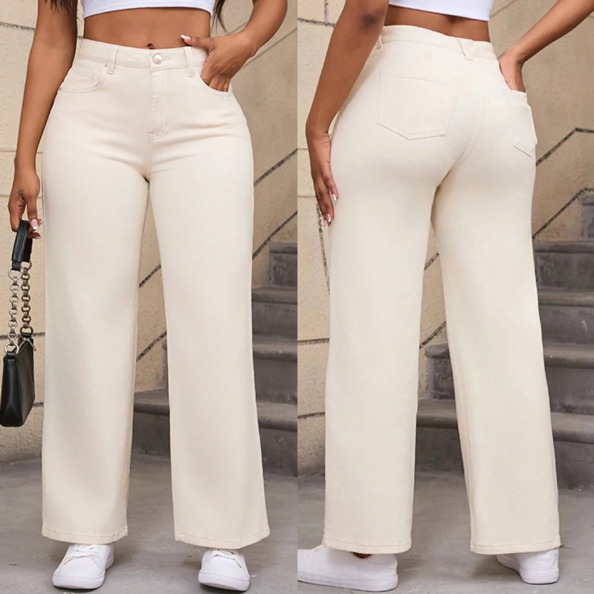 Women's autumn straight jeans in apricot colour showing high waist design and wide leg cut on mannequin