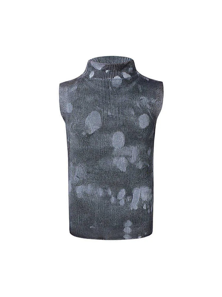 Men's black silver pastebrushing sleeveless wool blend vest with a turtleneck stand collar