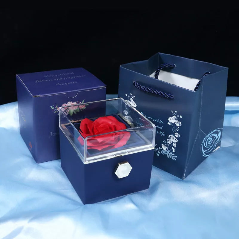 Rotating soap flower rose gift box with jewelry drawer in red, blue, lake blue, or pink