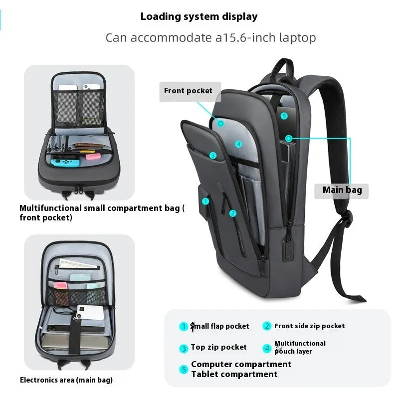 Men's lightweight Oxford cloth backpack in dark grey, olive green, blue or black for business travel and commuting