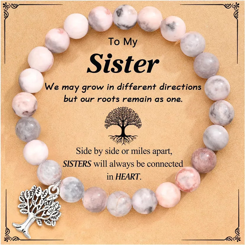 Handcrafted natural stone Tree of Life bracelet with pink zebra design