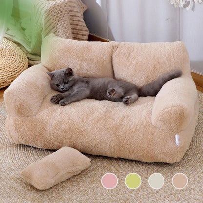Cozy cat bed sofa with plush backrest, anti-slip base, and included pillow for small to medium pets