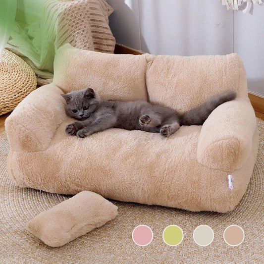 Cozy cat bed sofa with plush backrest, anti-slip base, and included pillow for small to medium pets