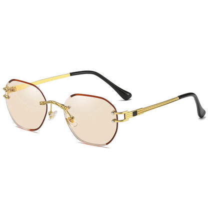 Gold frame trimming sunglasses with gradient blue ocean lens in box-style design