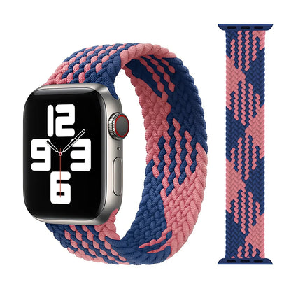 Apple Watch with elastic braided nylon strap in single-loop design showing stretch capability