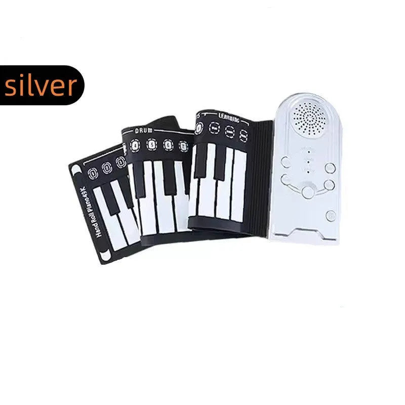 49-key folding electronic keyboard in gloss black with built-in speaker, unfolded to show silicone rubber keys and ABS plastic control panel
