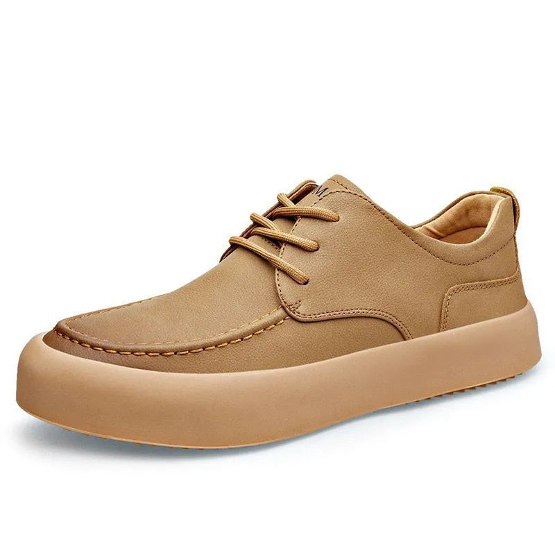 Men's brown casual lace-up platform shoes with round toe and flat heel on a white background