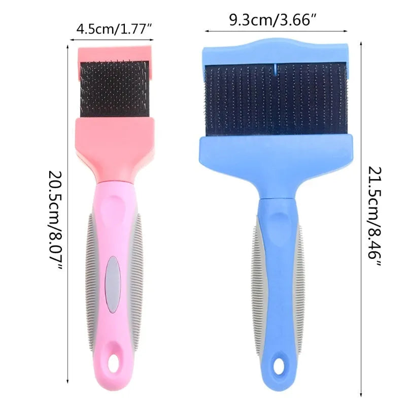 A blue double-sided pet grooming brush with stainless steel pins and a non-slip handle.