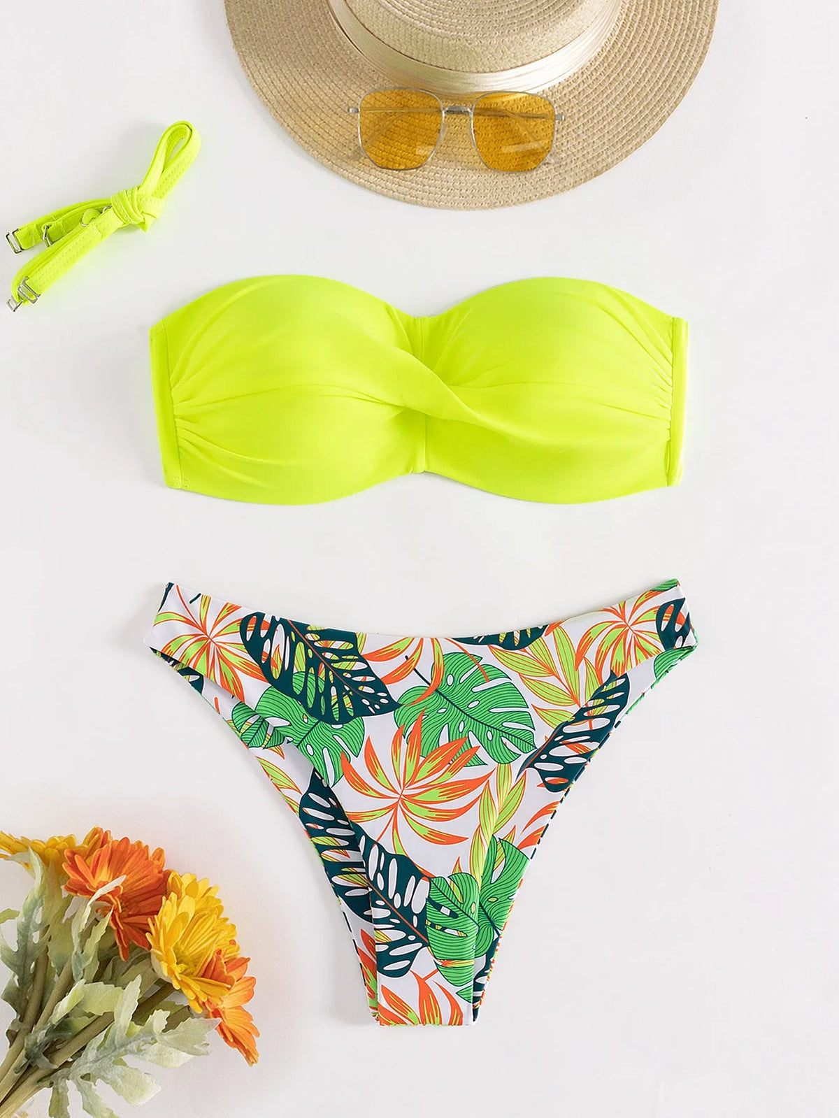 Women's fluorescent green split push-up hard cup bikini swimsuit set with matching briefs.