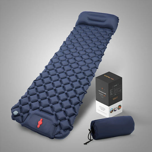 LT-88 navy blue inflatable sleeping pad showing 190cm length and integrated foot strap pillow design