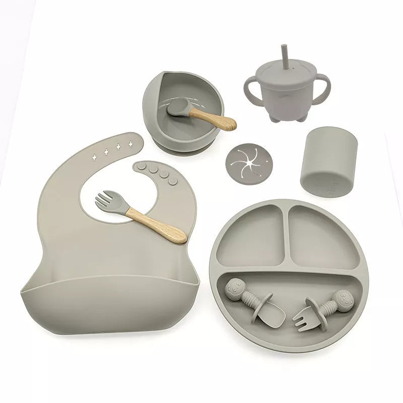 10-piece baby feeding silicone tableware set in various colors, safe and durable for first meals