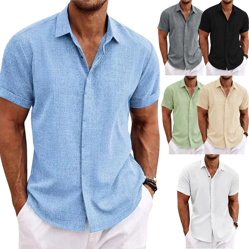 A versatile linen shirt in various colors, featuring a standing collar and short sleeves for a modern, tailored look.